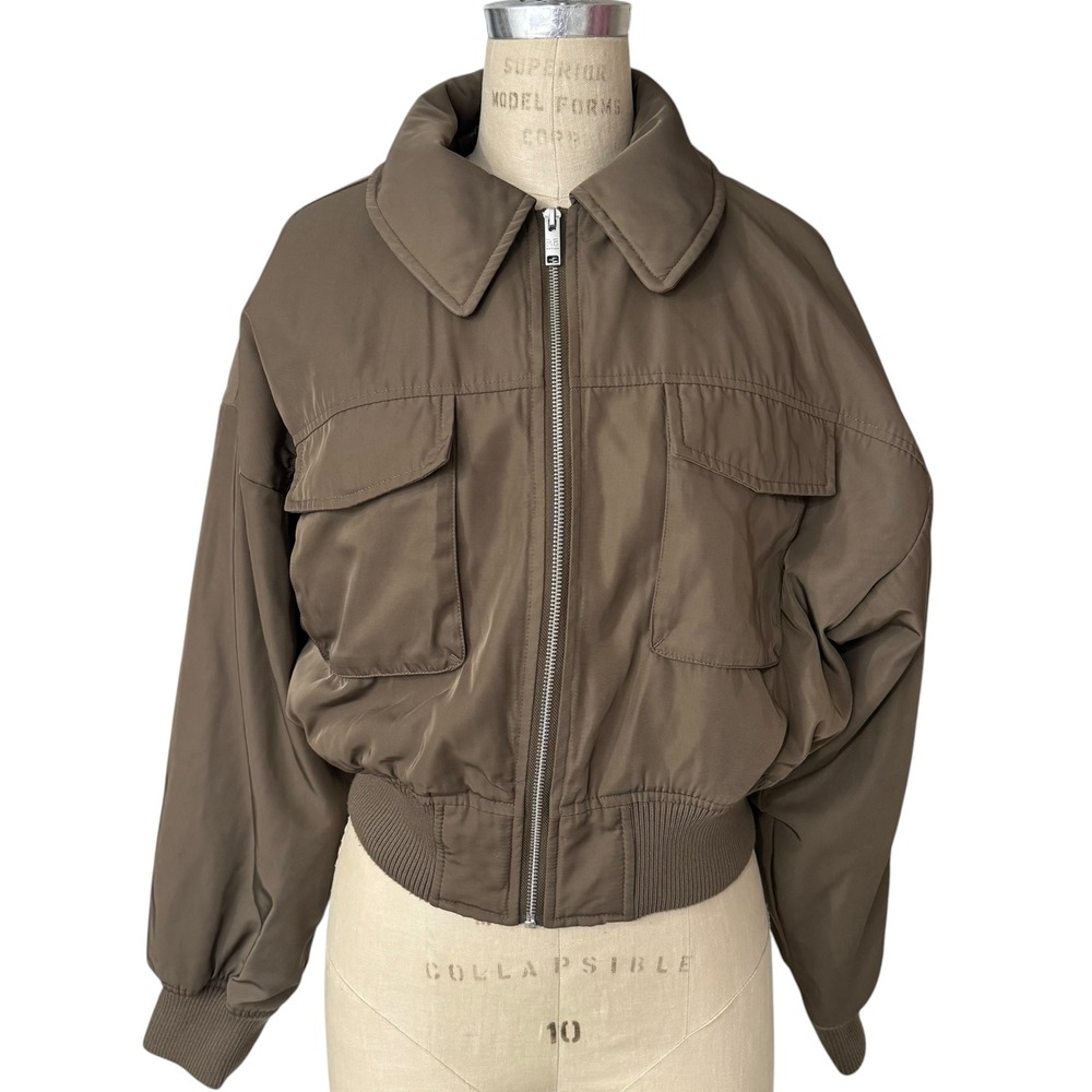PE Nation Pursuit Bomber Jacket Womens S Walnut Brown Cropped Zip Up Logo - Picture 1 of 10